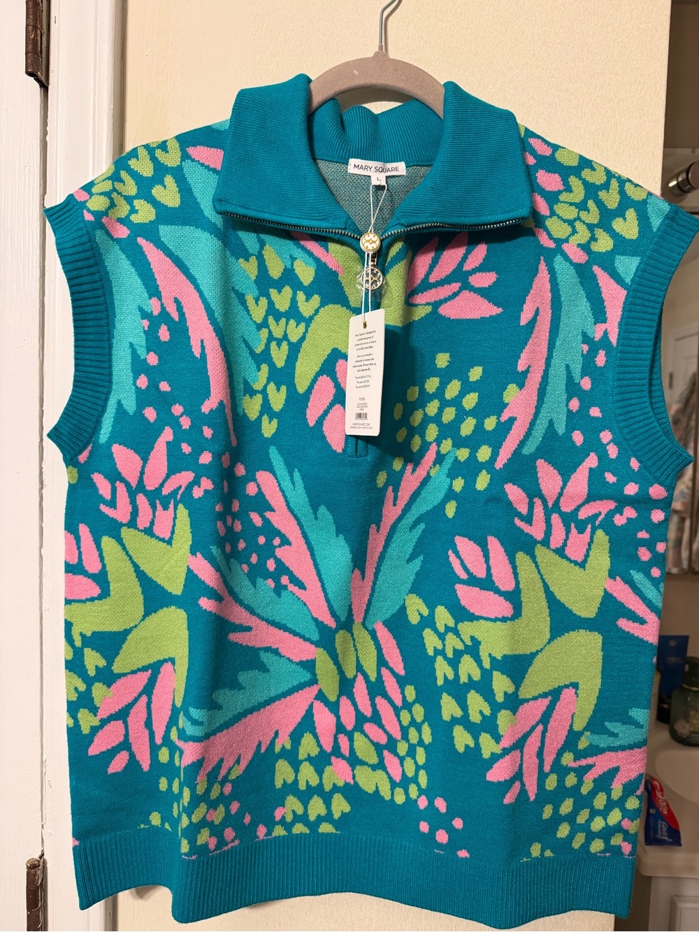 Mary Square Teal Floral Zip-Neck Sweater Vest